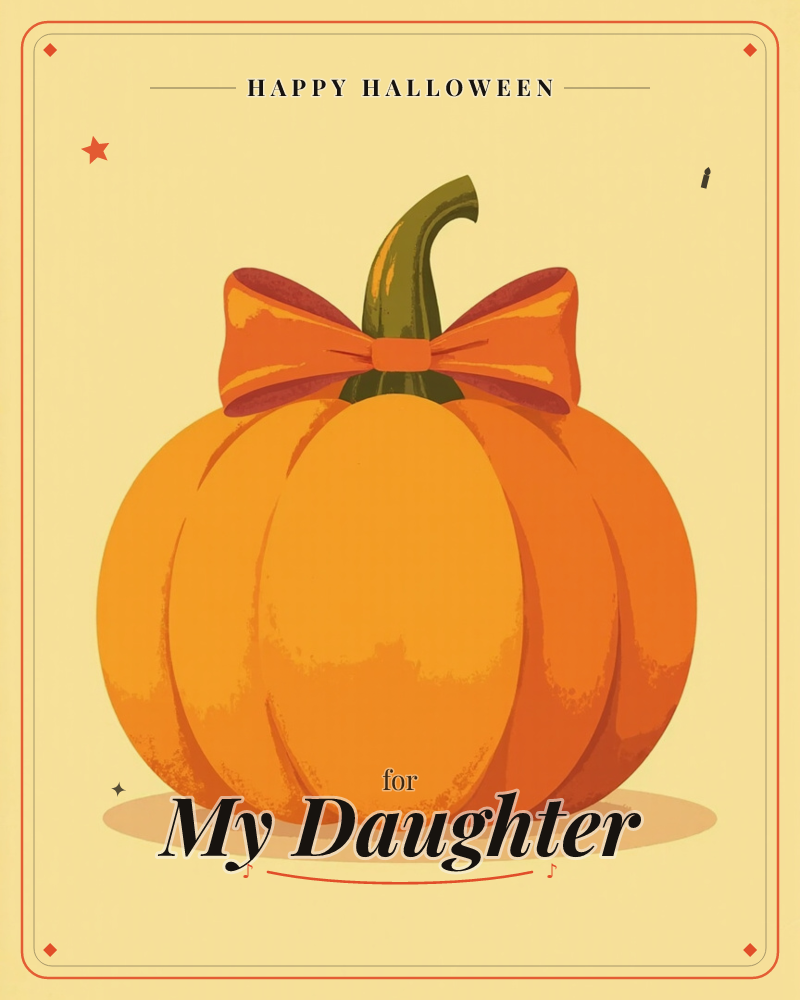 A single round pumpkin sits centre stage on a warm butter-yellow background, its curling green stem tied with a glossy orange bow, a halloween e-card design