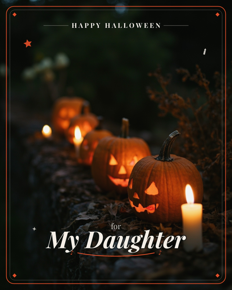 A row of carved jack-o'-lanterns glows along a moss-covered stone wall at dusk, their triangle eyes and grinning mouths lit from within, a halloween e-card design