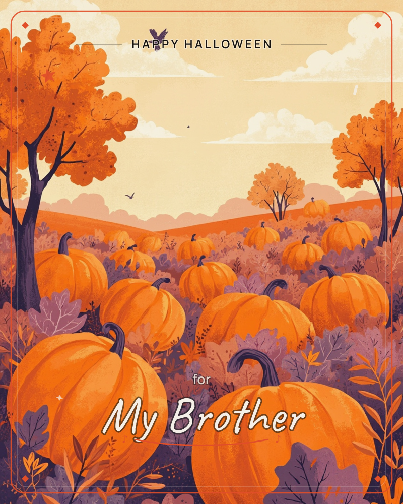 A rolling pumpkin patch glows under a pale autumn sky, orange gourds nestled among purple-toned leaves and vines, a halloween e-card design