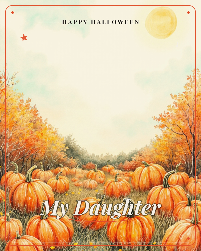 A watercolour pumpkin patch stretches toward a line of autumn trees, their leaves glowing amber and gold beneath a soft yellow sun, a halloween e-card design