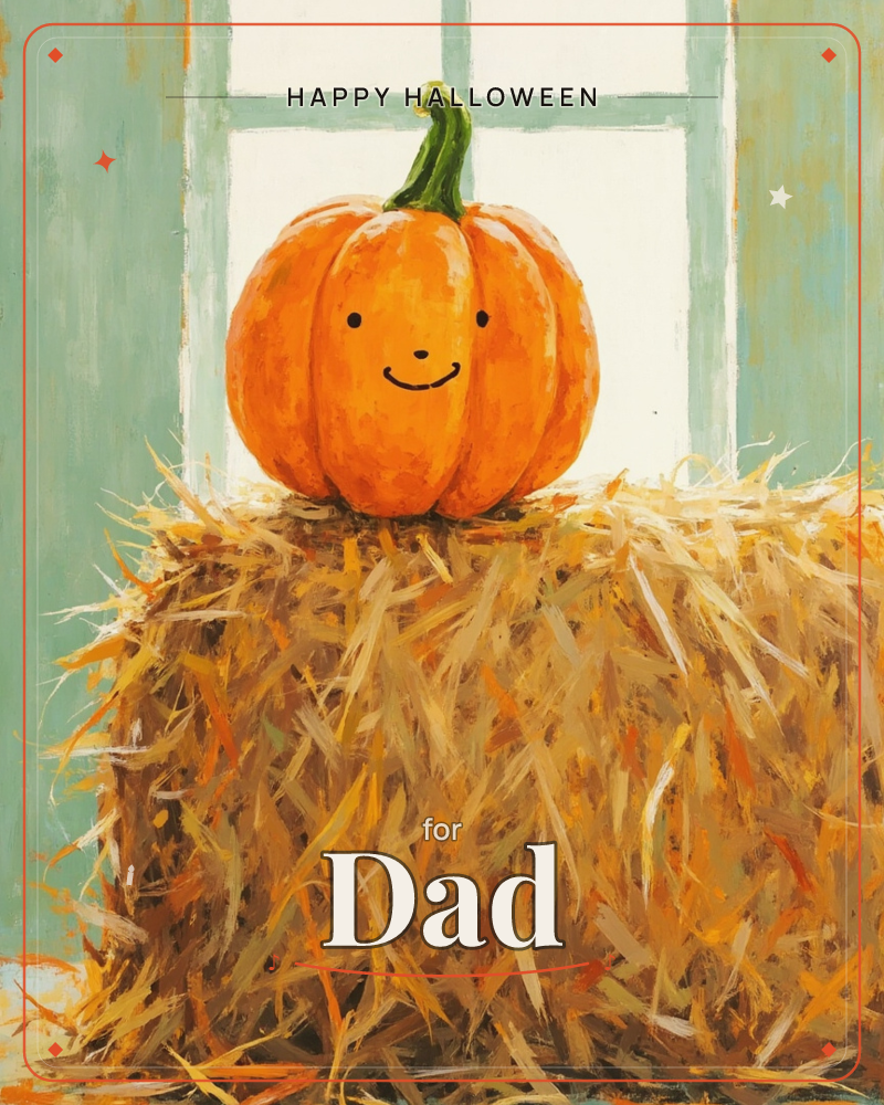 A round orange pumpkin with a simple smiling face and curled green stem sits atop a golden hay bale, framed by a pale sage window behind it, a halloween e-card design
