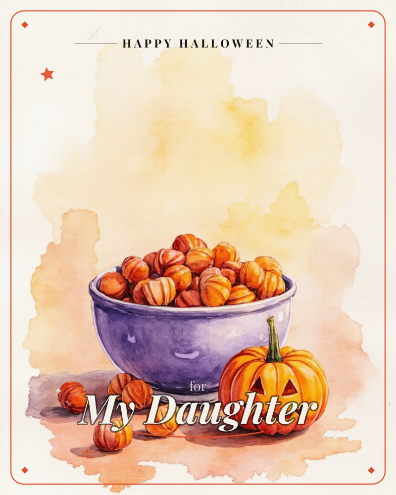 A purple bowl overflows with orange and cream striped candies, spilling a few onto the table beside a small grinning jack-o'-lantern, a halloween e-card design