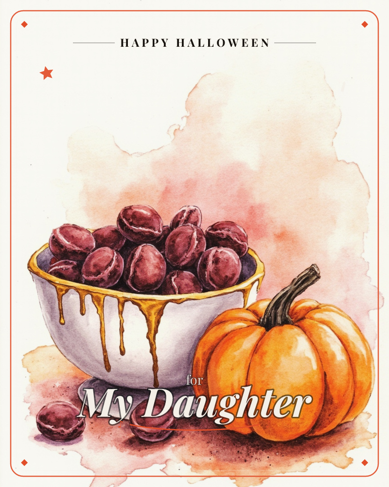 A white bowl overflows with dark plum-coloured macarons, its gold rim dripping with what looks like caramel sauce down the sides, a halloween e-card design