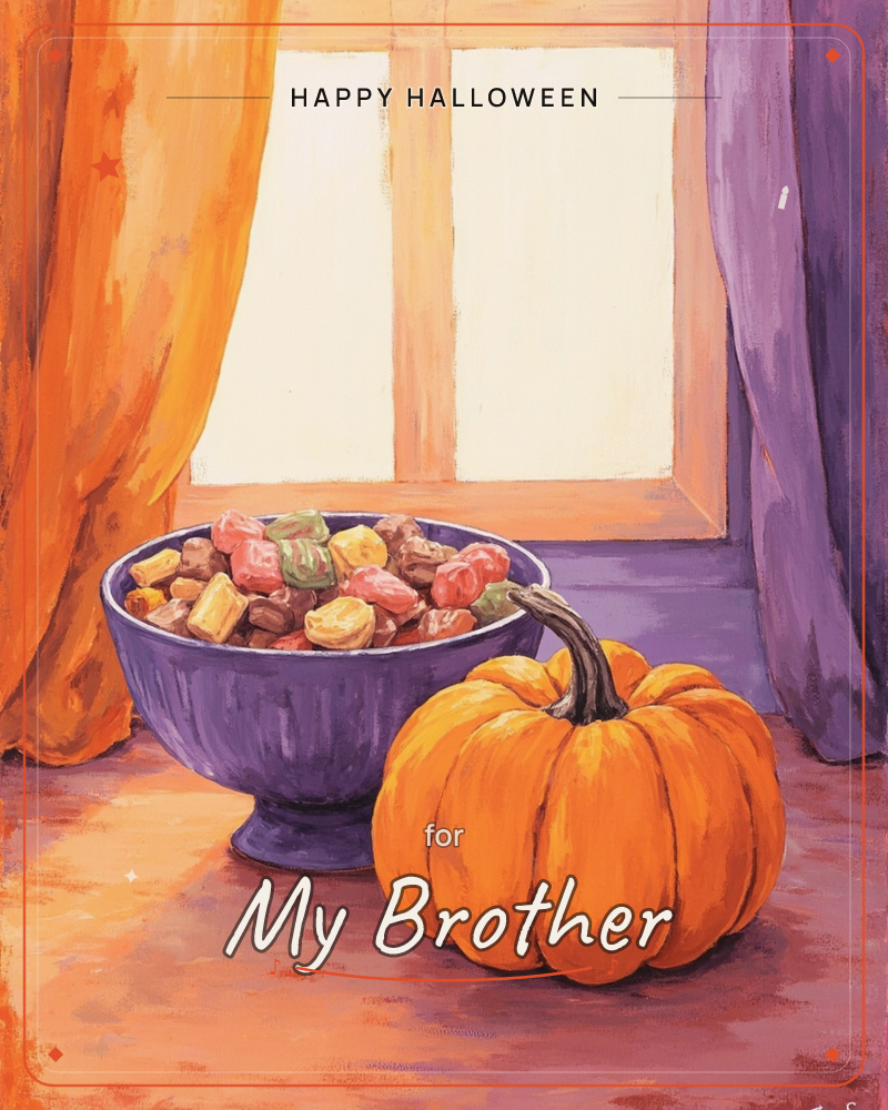 A painted still life sits on a windowsill with an orange pumpkin beside a purple bowl brimming with wrapped candies, framed by billowing orange and…, a halloween e-card design