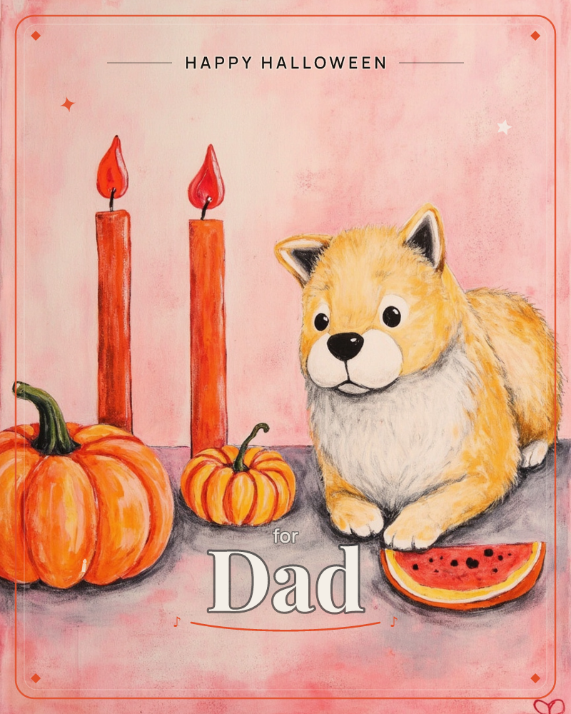 A round-eyed fluffy dog sits on a lavender-grey tabletop beside two tall orange candles, a pair of pumpkins, and a slice of watermelon, all set against…, a halloween e-card design