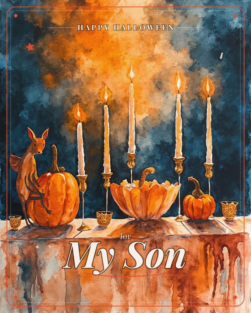 A row of five tall candles burns on ornate brass holders along a wooden ledge, flanked by pumpkins of varying sizes and a small winged fox-like…, a halloween e-card design