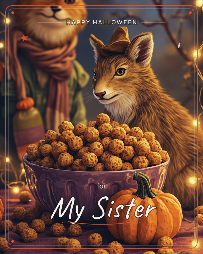 A furry fox-like creature in a little hat leans close beside a bowl heaped with crunchy honeycomb-textured treats, a small pumpkin resting in front and…, a halloween e-card design