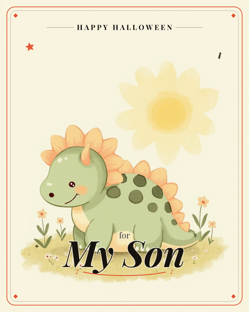 A round, smiling green dinosaur with peach spikes and a spotted back stands smiling on a small grassy patch dotted with tiny wildflowers, a halloween e-card design