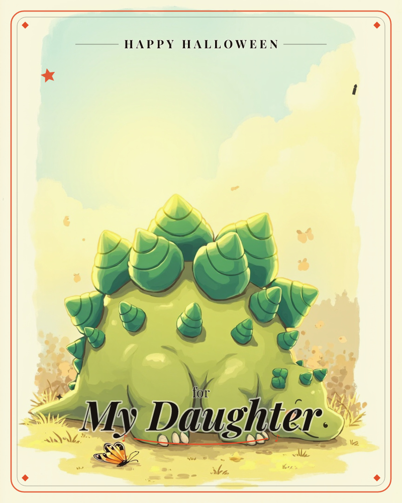 A round, smiling green stegosaurus with rosy cheeks sits in a sunlit patch of grass, its back lined with plump leaf-shaped plates, a halloween e-card design