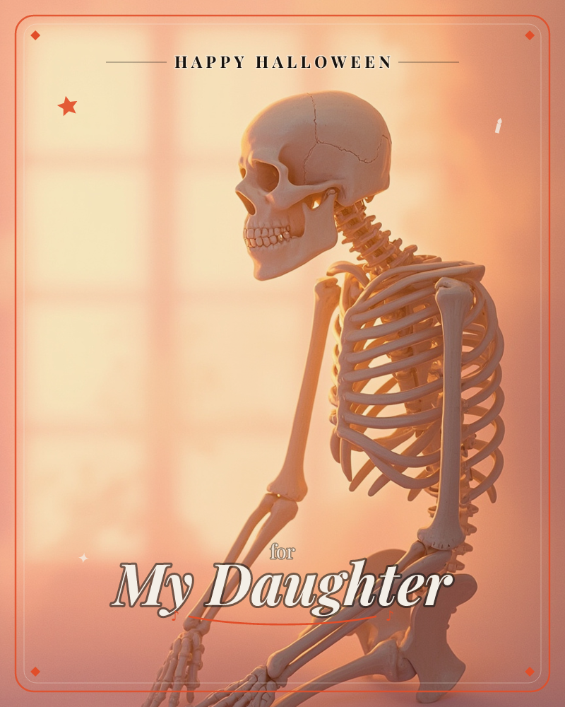 A human skeleton sits slumped on the floor in a soft, glowing peach-pink room, sunlight streaming through a paned window behind it, a halloween e-card design