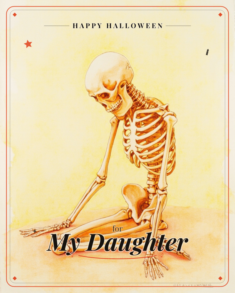 A human skeleton kneels on the ground in a bowed, exhausted posture, head hung low and one hand pressed flat against the floor, a halloween e-card design