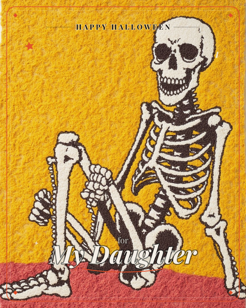 A grinning skeleton sits casually cross-legged on a strip of dusky red ground, set against a flat mustard-yellow backdrop with a fuzzy, textured finish…, a halloween e-card design