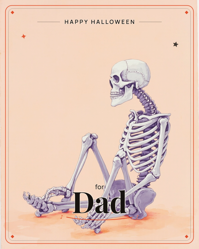 A single skeleton sits cross-legged on a bare peach-toned ground, its head turned to look back over its own shoulder with a wide, toothy grin, a halloween e-card design