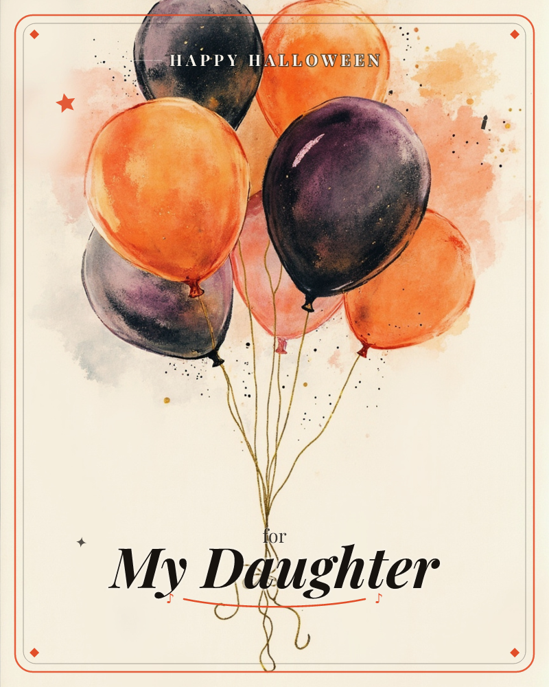 A cluster of watercolour balloons in black and burnt orange floats against a cream background, tied together with loose, curling strings, a halloween e-card design