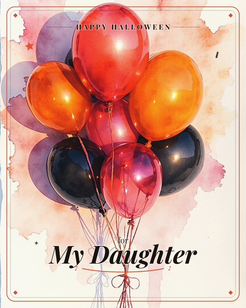 A cluster of glossy balloons in red, orange, and black huddle together against a soft, bleeding wash of pink and lavender watercolour, a halloween e-card design