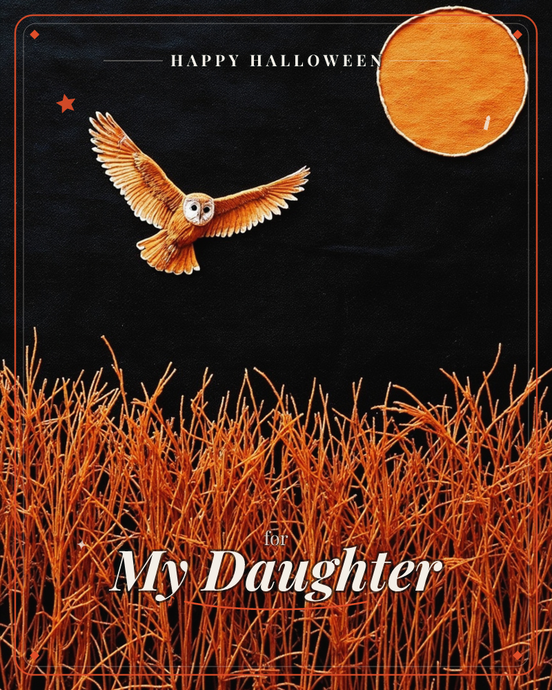 An owl with wings spread wide glides silently against a deep black night sky, lit amber by a round harvest moon, a halloween e-card design