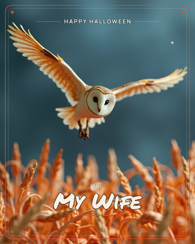 A barn owl swoops low over a golden wheat field, wings spread wide and heart-shaped face turned straight to camera, a halloween e-card design