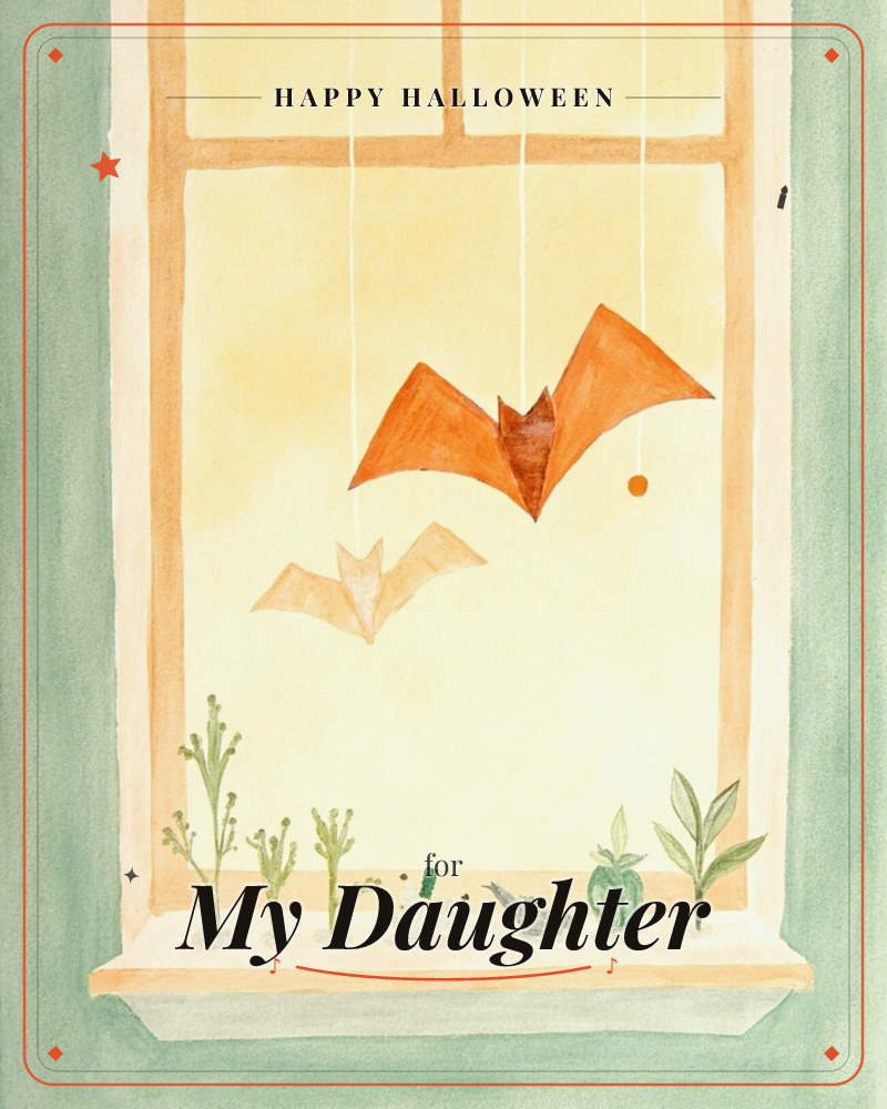 A watercolour window glows amber against sage-green walls, with two paper bat decorations dangling from strings and swaying mid-air, a halloween e-card design
