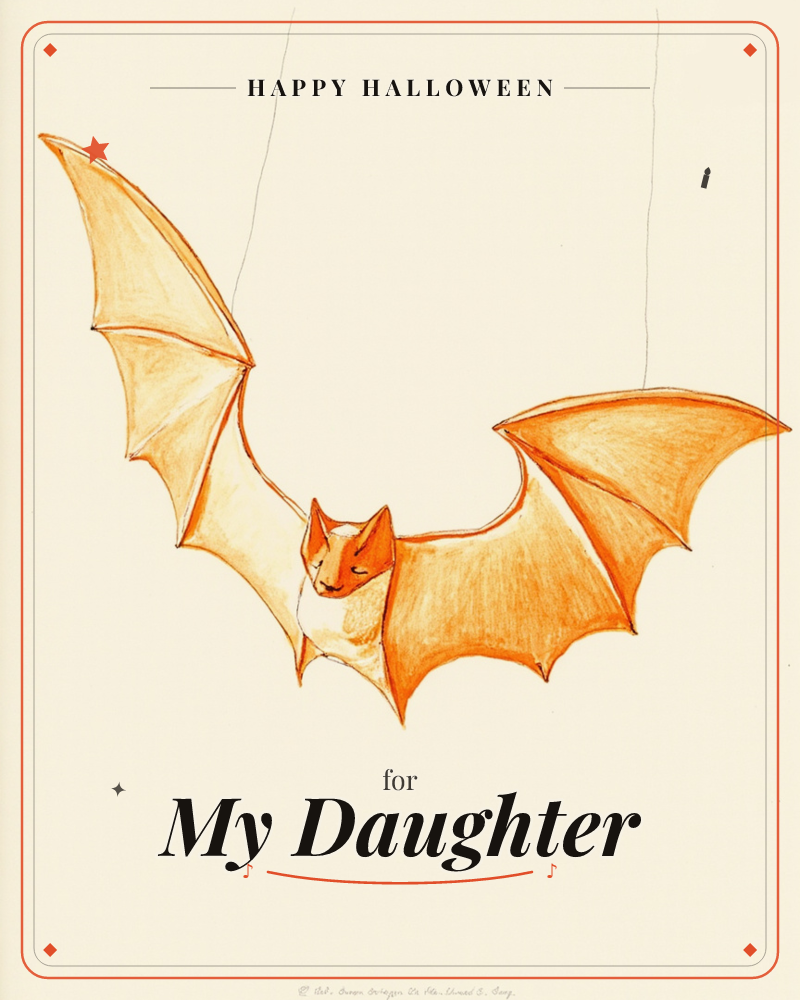 A single orange bat is drawn as if hung by thin threads from above, wings spread wide against a plain cream background, a halloween e-card design