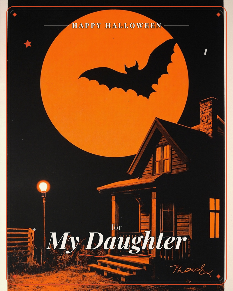 A giant orange moon fills the night sky behind a wooden farmhouse, with a bat silhouette swooping across its glowing face, a halloween e-card design