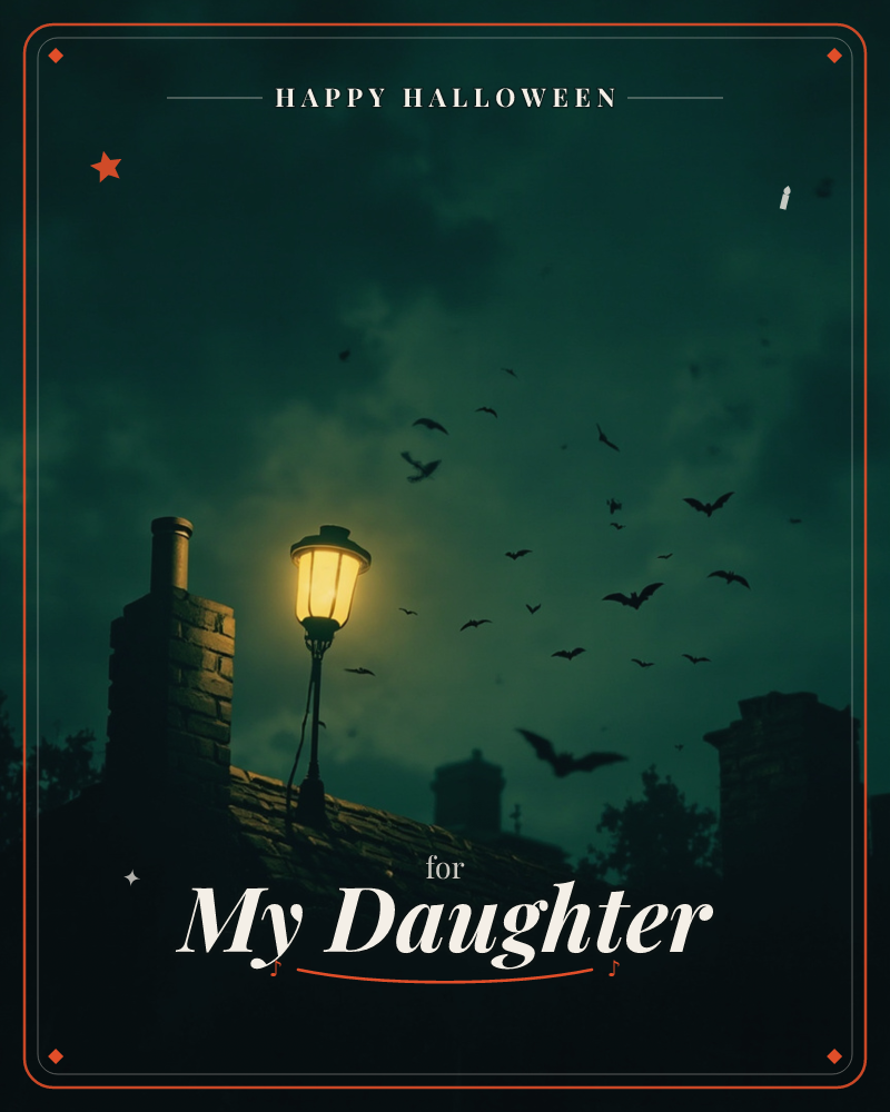 A rooftop silhouette with brick chimneys stretches beneath a hazy green-black night sky, a single glowing lamppost casting warm yellow light against…, a halloween e-card design