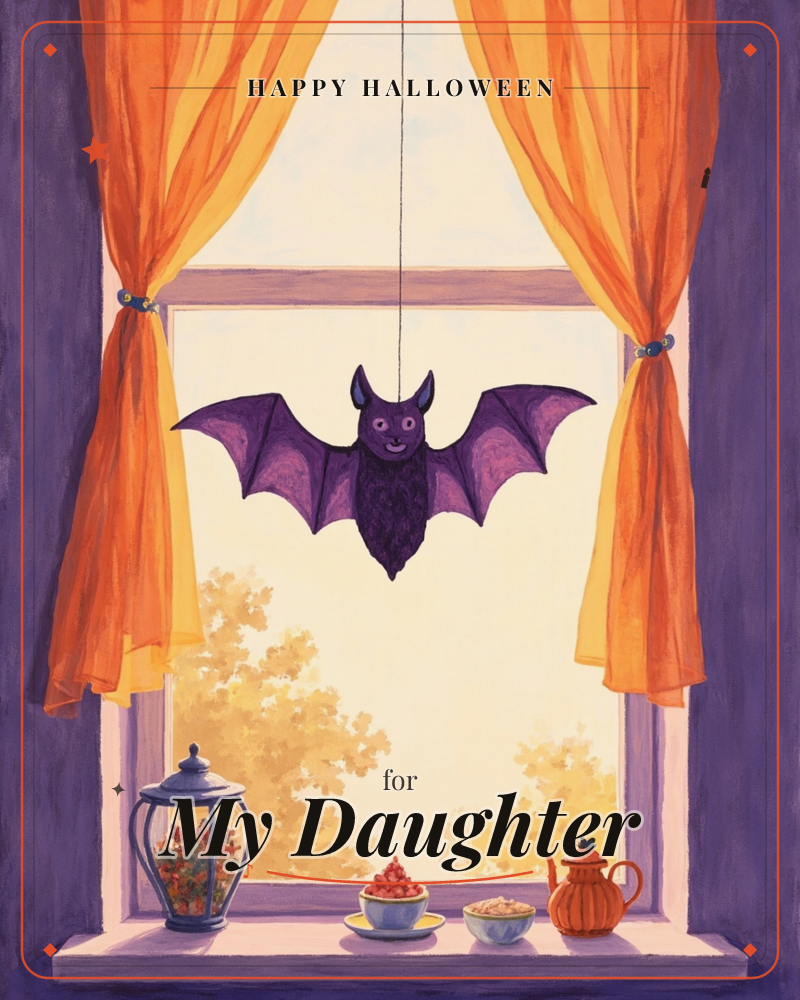 A smiling purple toy bat dangles from a string in front of a sunny window framed by orange curtains, a halloween e-card design
