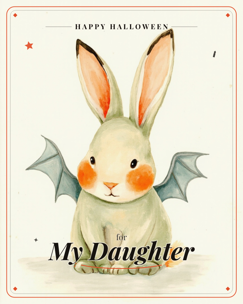 A pale sage-green rabbit sits front and centre against a plain cream background, tall pink-lined ears pointing skyward and rosy orange cheeks blushing…, a halloween e-card design
