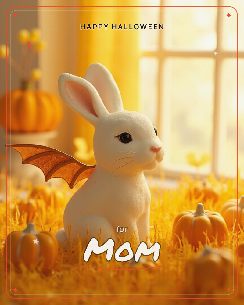 A white bunny wearing small bat wings sits in a golden field scattered with mini pumpkins, gazing toward a sunlit window with sheer yellow curtains, a halloween e-card design