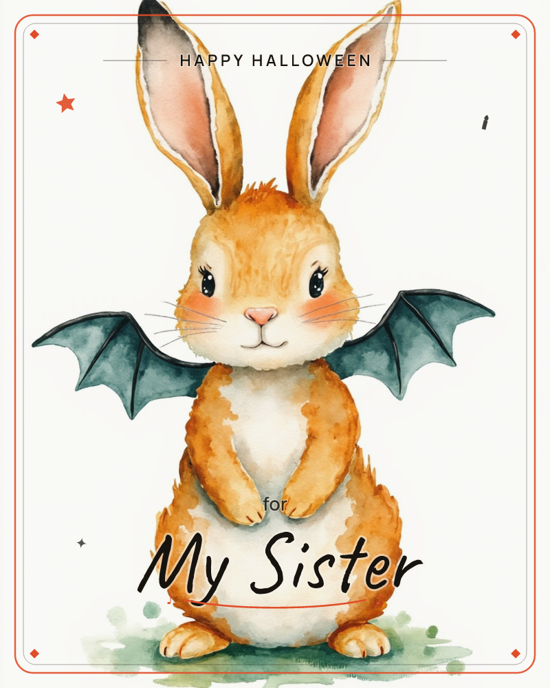 A watercolour rabbit stands upright on a small patch of green, its tall ears framing a sweet, blushing face, a halloween e-card design