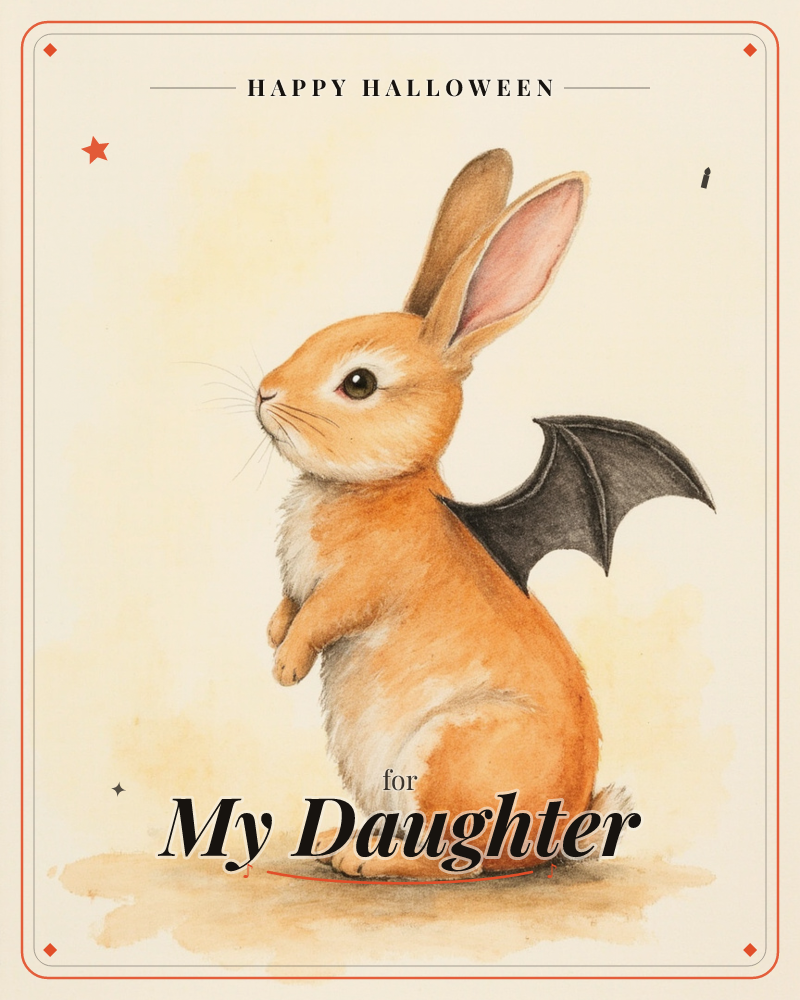 A copper-furred rabbit sits upright in profile against a soft cream background, with a pair of leathery black bat wings sprouting from its shoulders, a halloween e-card design