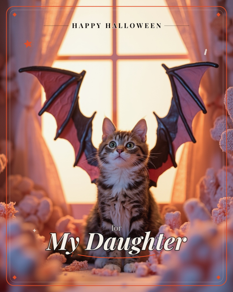 A tabby kitten sits before a glowing window wearing a pair of oversized bat wings, its wide eyes gazing upward with theatrical innocence, a halloween e-card design