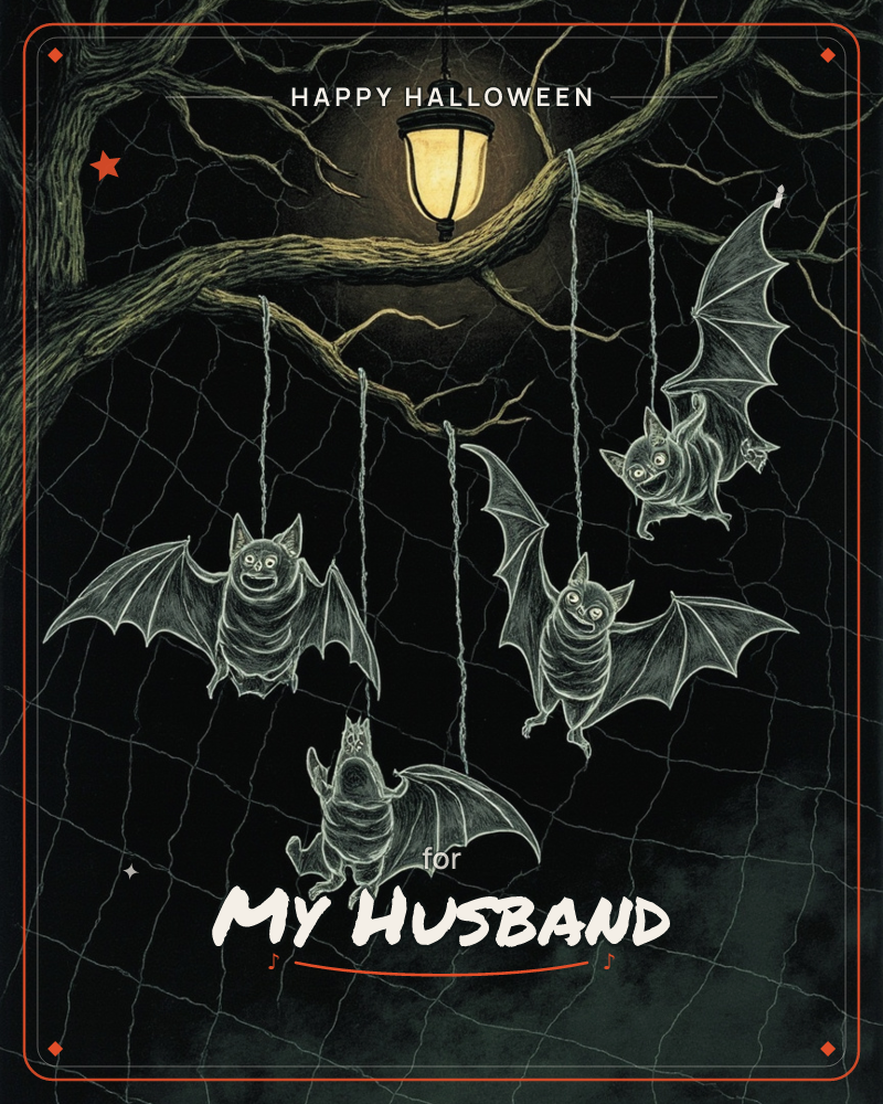 A gnarled dark tree branch holds a lit lantern, casting warm glow over five grinning white bats hanging from strings like ornaments amid a tangle of…, a halloween e-card design