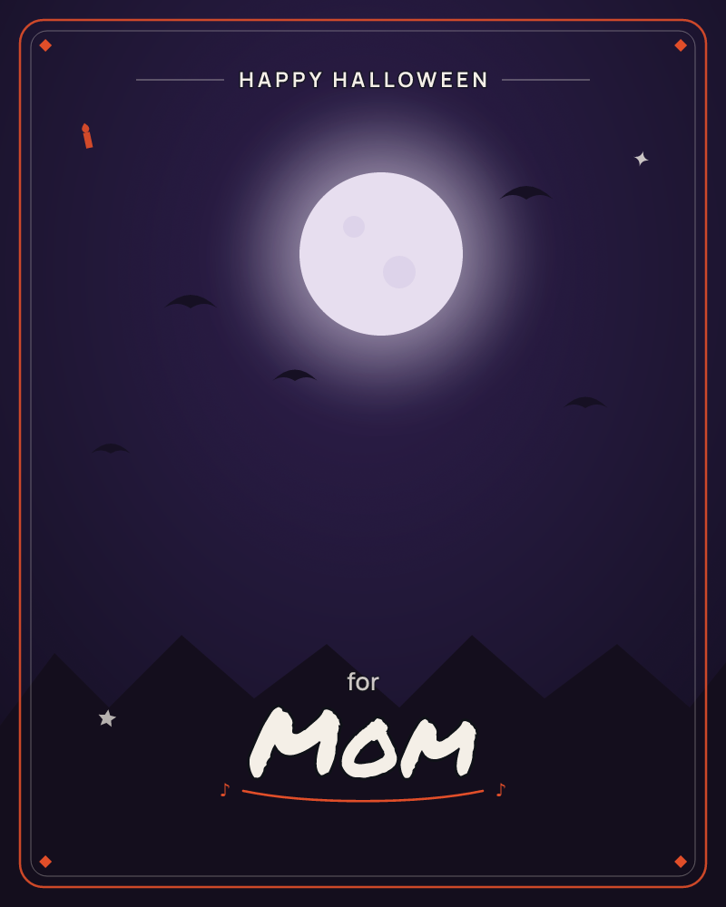 A glowing full moon hangs low in a deep purple night sky, its soft halo lighting the darkness around it, a halloween e-card design by @DittyCityTeam