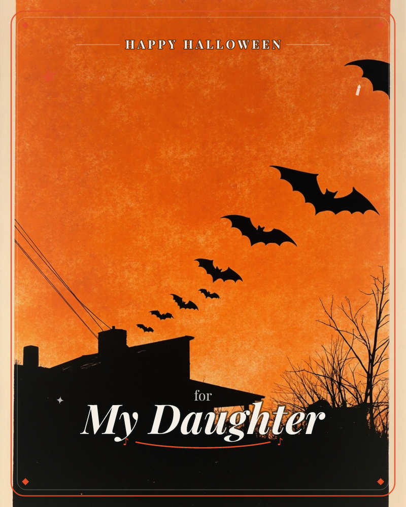 A textured burnt-orange sky glows behind a black silhouette of a rooftop with chimneys and power lines, while a line of bats swoops upward from a bare…, a halloween e-card design
