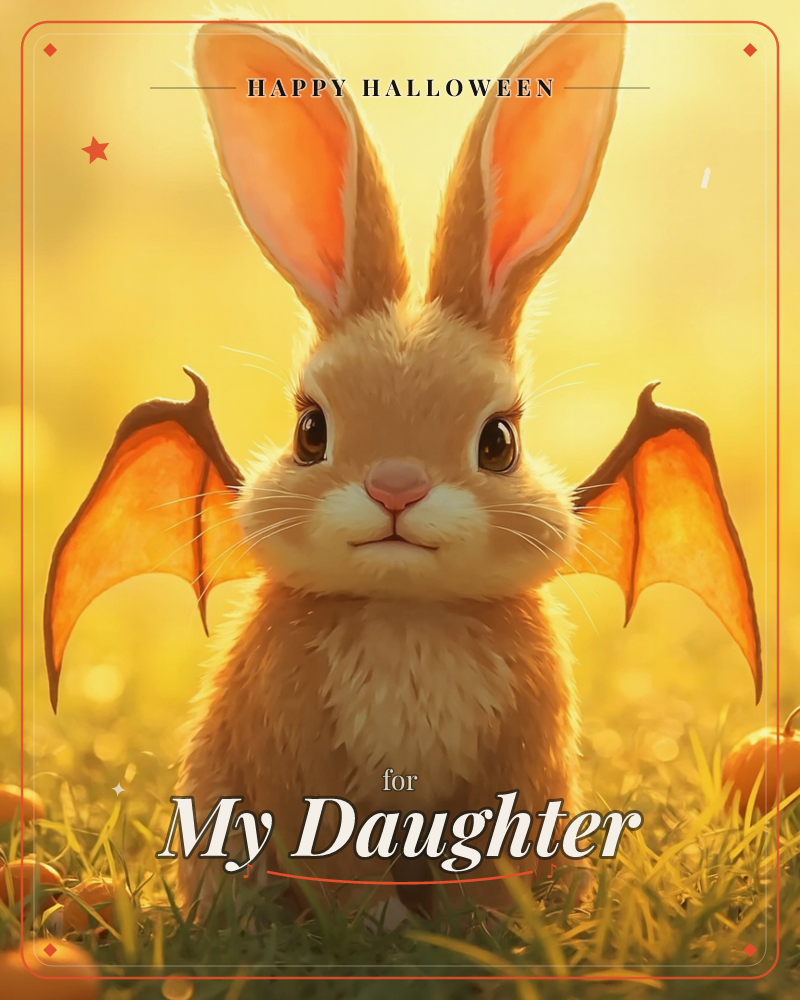 A fluffy tan rabbit with tall pink-lined ears sits in golden grass, sprouting a pair of small translucent bat wings from its shoulders, a halloween e-card design