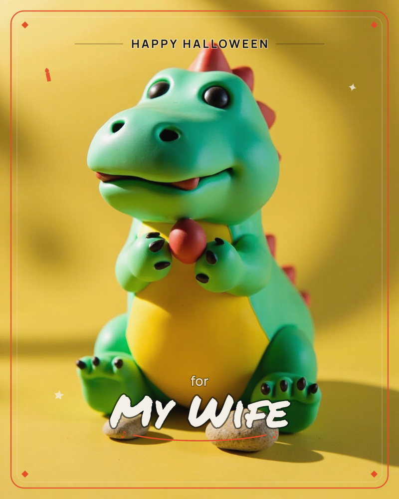 A chubby toy dinosaur figurine sits against a bright yellow background, its green body and yellow belly glowing under a strong side light that casts a…, a halloween e-card design