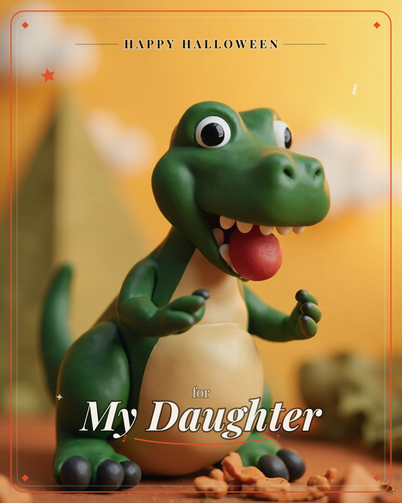 A cheerful little green T-rex figure stands grinning with its tongue out, tiny arms raised as if mid-cheer, a halloween e-card design