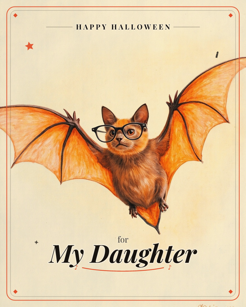 A fuzzy orange bat with wide-stretched wings flies straight at the viewer, wearing round black-framed glasses and a mildly unimpressed expression, a halloween e-card design