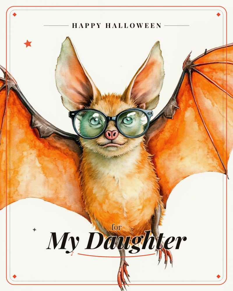 An orange-furred bat hovers front and center with wings spread wide, its tall pointed ears standing up and round green-tinted glasses perched on its snout, a halloween e-card design