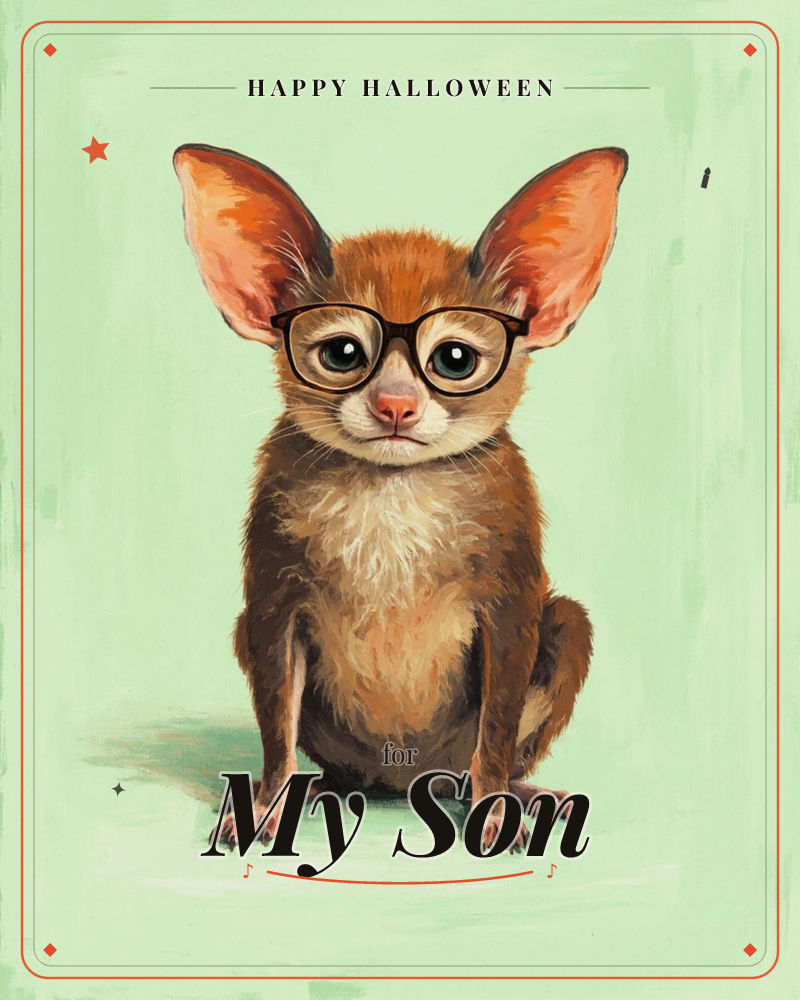A fennec-eared creature with tawny fur sits upright against a soft mint-green backdrop, its oversized pink ears catching the light and round glasses…, a halloween e-card design