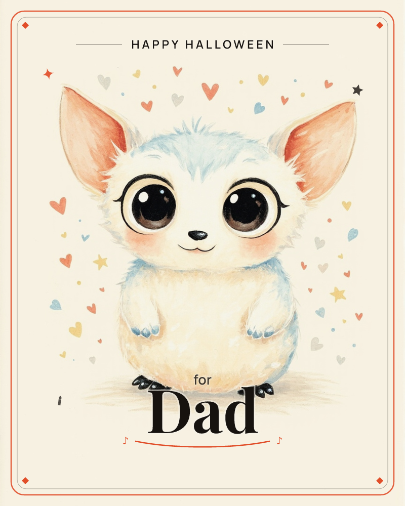 A round, big-eared fuzzy creature with oversized dark eyes and pink-blushed cheeks sits front and centre on a soft cream background, surrounded by a…, a halloween e-card design