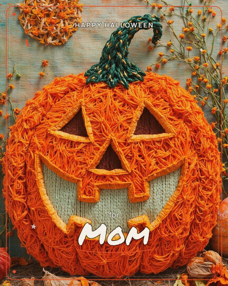 A jack-o'-lantern built entirely from looped orange yarn grins out with a woven green stem and knitted cream teeth, set against a woven textile…, a halloween e-card design