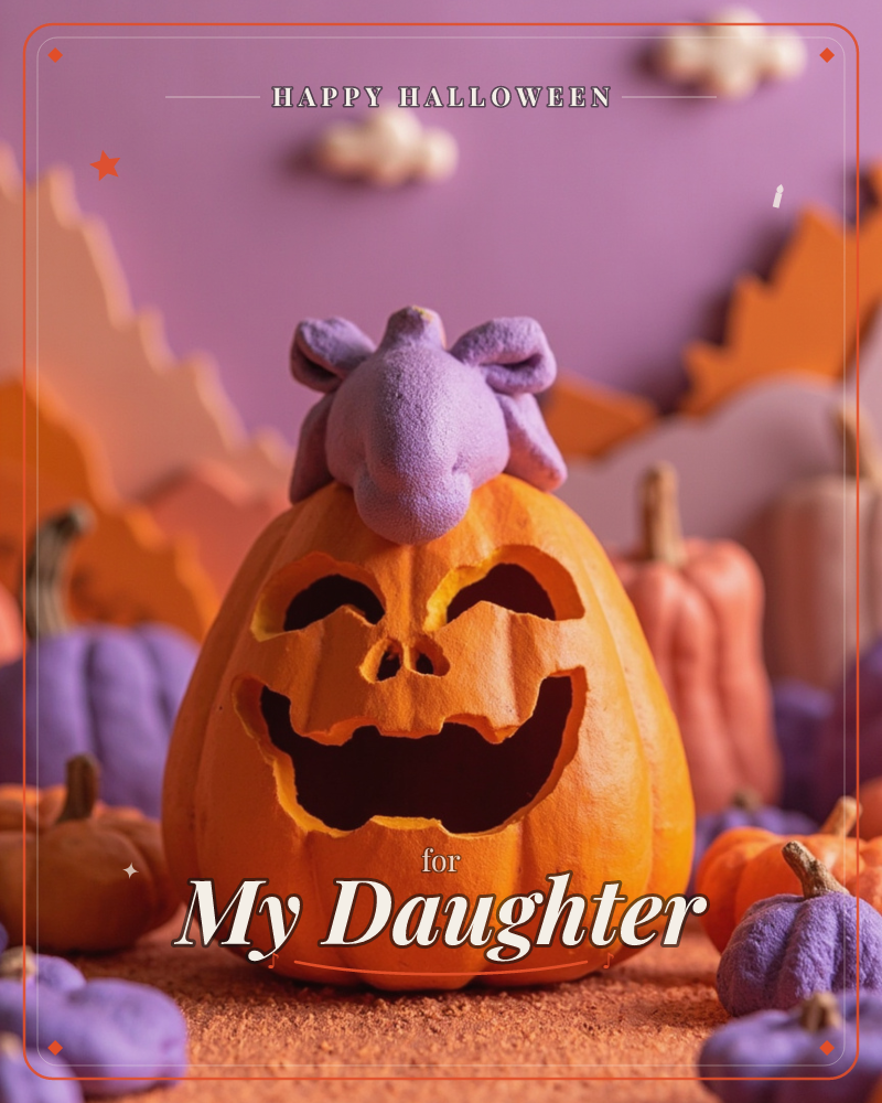 A grinning carved pumpkin glows against a lilac sky, with a small purple bat perched on top like a lopsided crown, a halloween e-card design