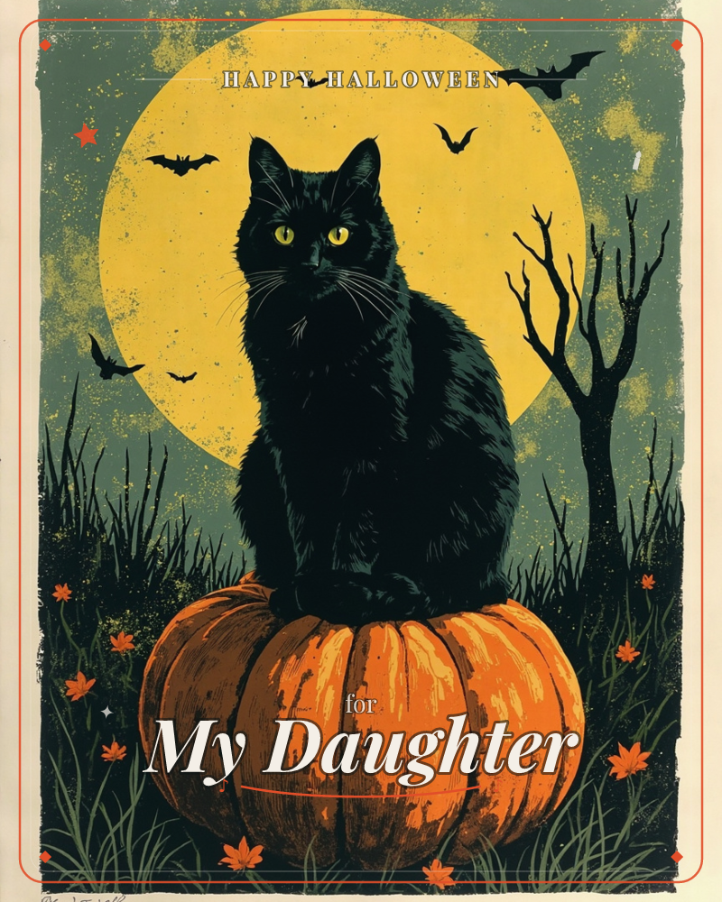 A black cat with piercing yellow eyes sits atop a ridged orange pumpkin, silhouetted against a huge glowing moon, a halloween e-card design