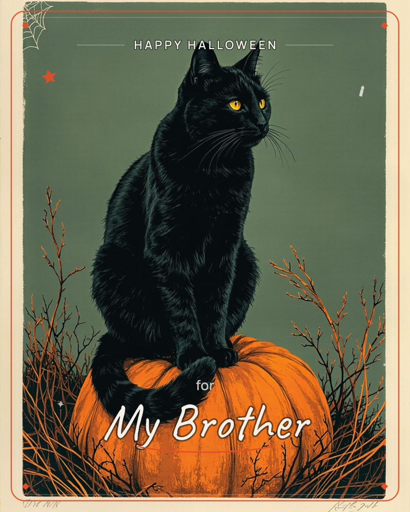 A black cat sits perched atop a large orange pumpkin, its tail curling down the pumpkin's ridged side, against a muted olive-green backdrop, a halloween e-card design