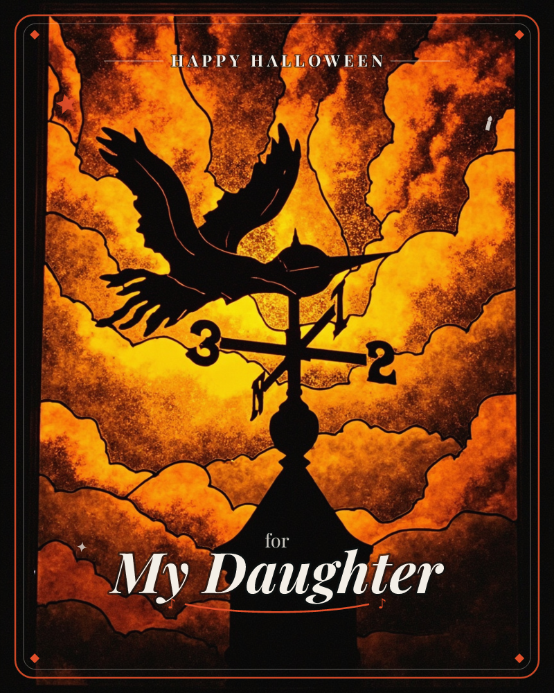 A silhouetted weather vane with a bird in mid-flight sits atop a steepled roof, its cross-arms marked with bold numbers, all set against a fiery orange…, a halloween e-card design
