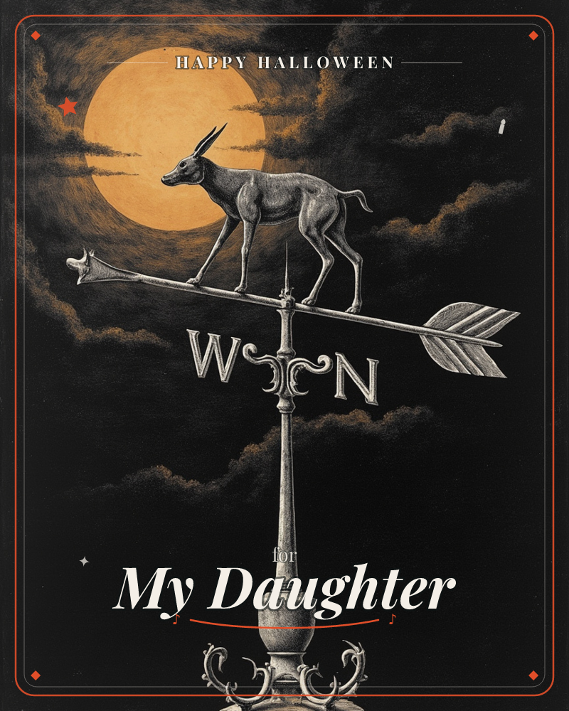 A metal weathervane shaped like a slender antelope stands silhouetted against a glowing orange full moon and swirling dark clouds, a halloween e-card design