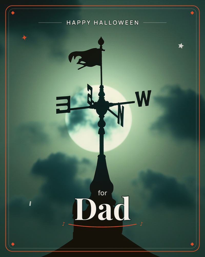 A rooster weathervane atop a steeple stands in silhouette against a glowing full moon, its cardinal letters etched black against the pale light, a halloween e-card design