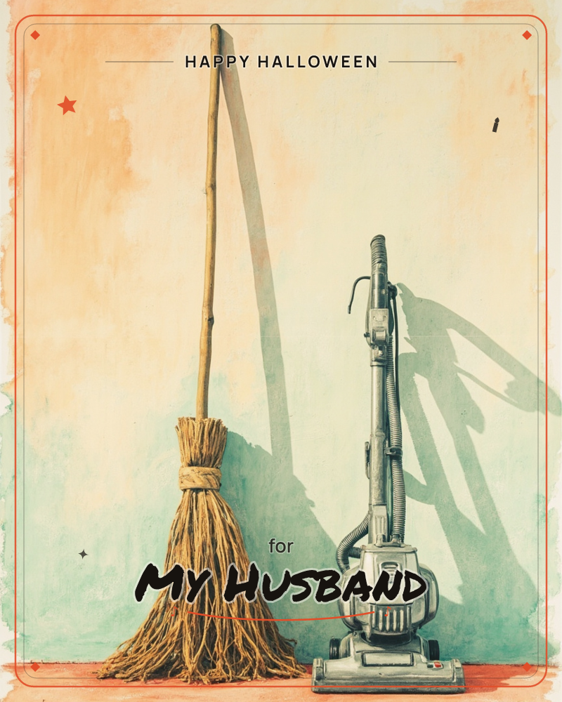A traditional straw broom and a modern upright vacuum cleaner stand side by side against a sun-washed wall, their long shadows stretching out behind…, a halloween e-card design