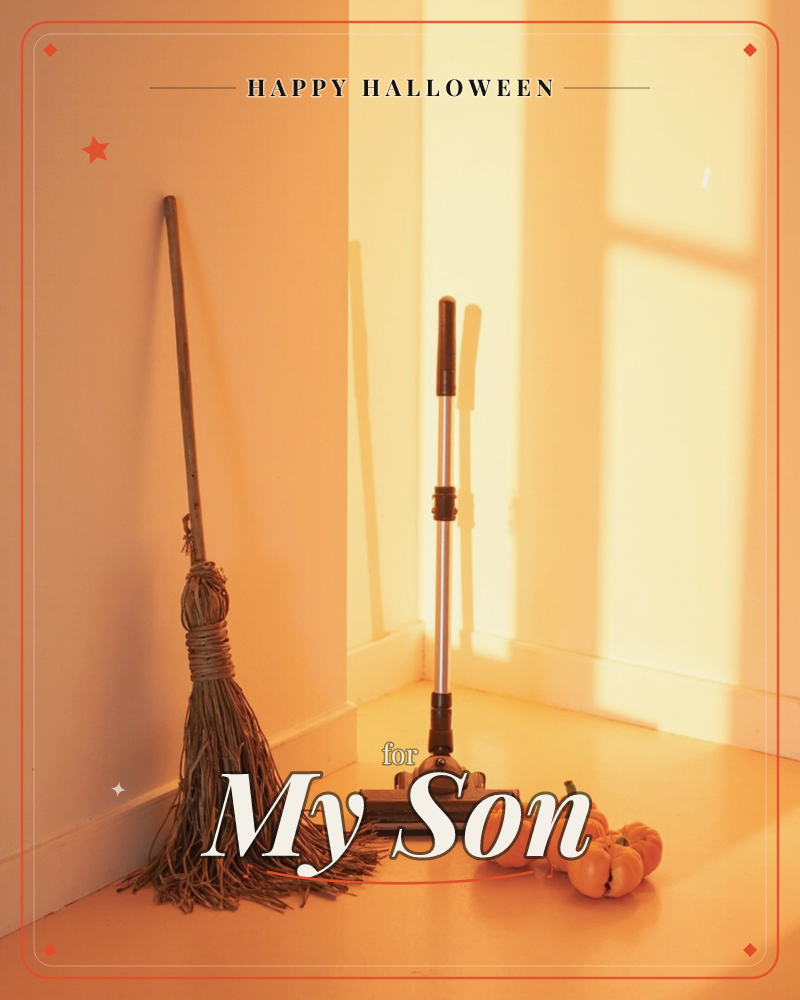 A rustic straw broom and an old-fashioned carpet sweeper stand side by side in a corner, bathed in warm amber light streaming through an unseen window, a halloween e-card design